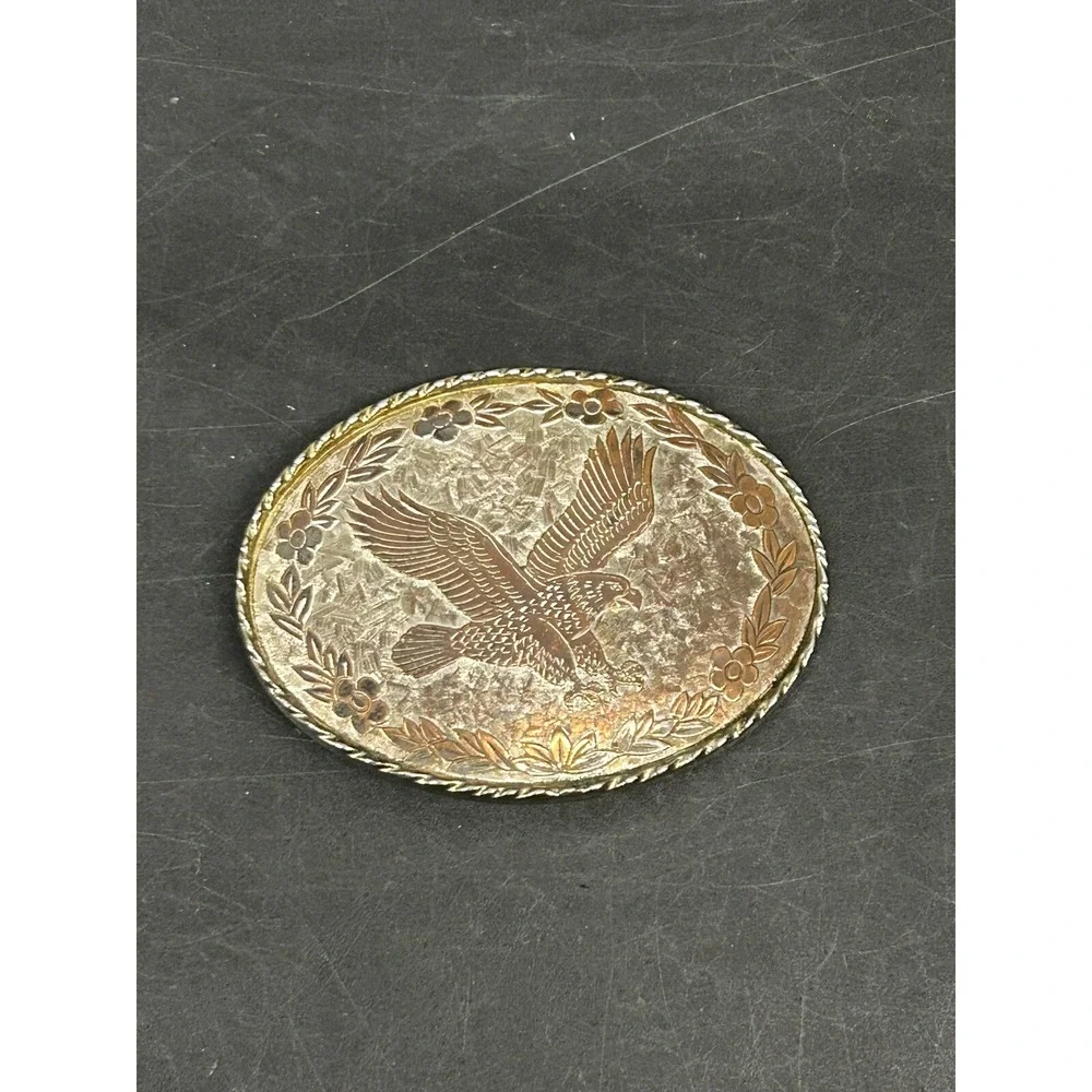 Vintage Eagle Etched Leaf pattern western belt buckle signed W (USA)